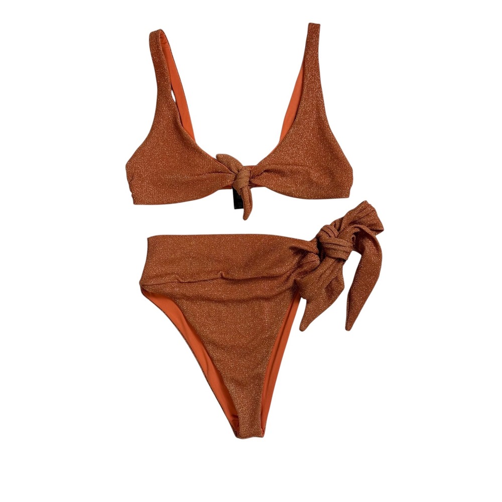 Beach Riot Womens Metallic Shimmer Bikini Set Orange Copper High Waist Tie M